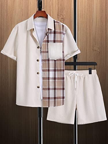 Мъжки дрехи LUBOSE от две части, Мъжки Клетчатая риза с заплатками и джобове и къси панталони с завязками на талията, Без тениски (Цвят: кайсия, Размер: XX-Large)