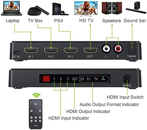 LiNKFOR 4K, HDMI Суич 3 в 1 Изход 3 HDMI Порт HDMI Комутатор Аудио Екстрактор с IR Дистанционно управление, Поддръжка