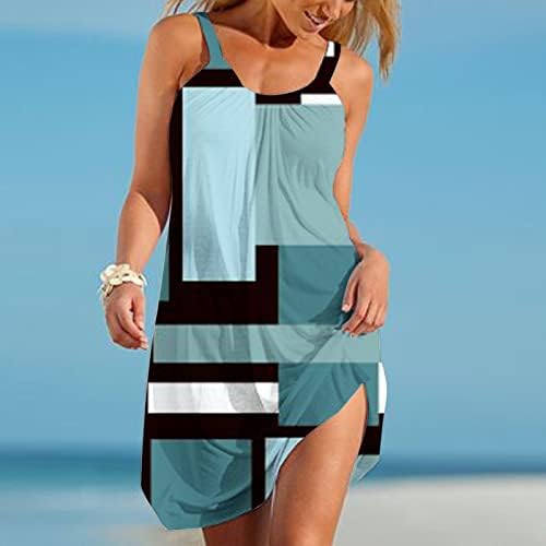 Женствена рокля за Лятото 2023, Плажни Рокли с принтом, Без ръкав, С кръгло деколте, Секси Сарафан, Ежедневното Струящееся