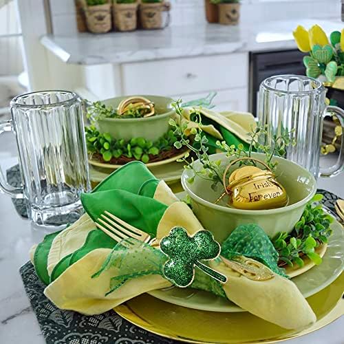 BSJELL Пръстени за салфетки в Деня на Св. Патрик Комплект от 8 Пръстени за салфетниц със зелени листа, украсени с Пайети, Ирландски Украса за масата за хранене, Аксесоар
