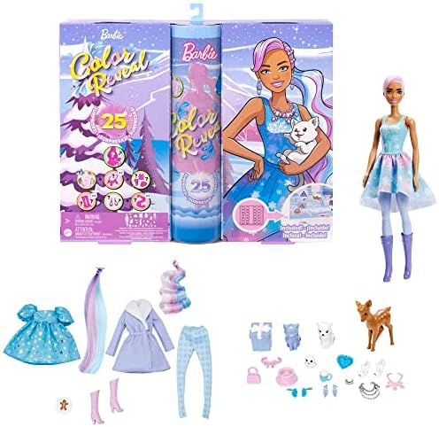 Адвент-Календар Барби Color Reveal, 1 Кукла Color Reveal и 3 Домашни Любимци, Дрехи, Аксесоари и 2 на Удължаване на Косата, 25 Изненади, Празнични подаръци за Деца