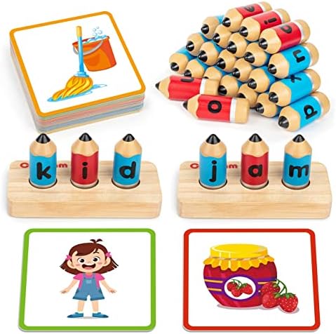 Coogam Дървени Игри с Писането на Кратки Гласни, Учим се Произнася Думите CVC Sight Разработка на Карти Малки Моторика Монтесори Азбука Играчка, Подарък за Деца, 3, 4, 5 Годин