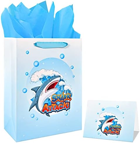 13Голяма подарък чанта с изображение на акули за момчета, детски рожден ден, детски душ с кърпа и поздравителна пощенска картичка