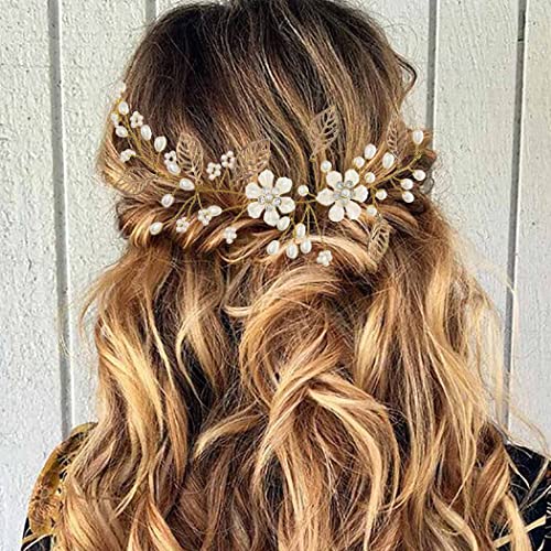 Плоски сватбени цветя, лоза за коса, Златни перлени листа, прическа за булката, Аксесоари за коса за жени