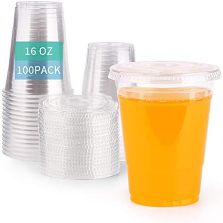 Опаковка [100 комплекта по 16 грама. Прозрачни Пластмасови Чаши с Прорезной капак, който Не съдържа BPA ПАТ Кристално Чисти Пластмасови Чаши за Еднократна употреба с ка