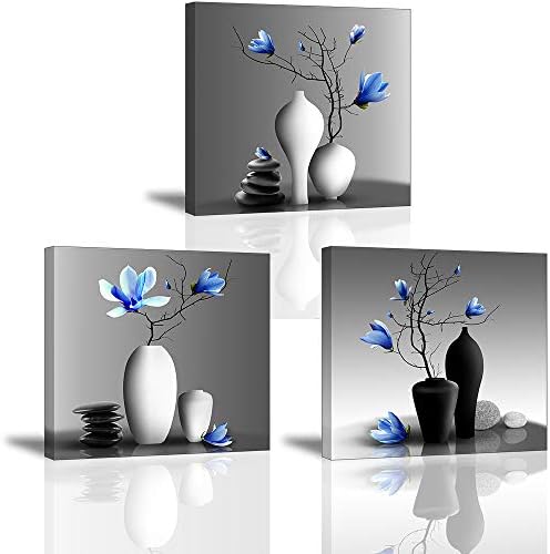 Стенен модел с цветя за баня и коридор, Щампи върху платно с изображение на Елегантна Орхидея SZ, Синята Магнолия в черно-бели Вази (Направена да бъде обесен, водоуст?
