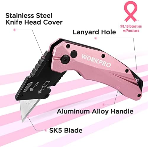 Розов комплект инструменти WORKPRO, женски Набор от инструменти за ремонт на дома от 106 предмети с широката чанта за съхранение и Розов Сгъваем нож, в комплект от 10 допъ