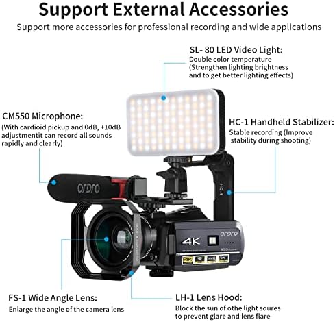 ORDRO Камера за 4k Камера AC3 UHD 1080P 60 кадъра в секунда видео блог IR Камера за Нощно Виждане 3,1 IPS LCD WiFi Камера с дистанционно управление, Микрофон, led осветление, Широкоъгъл?