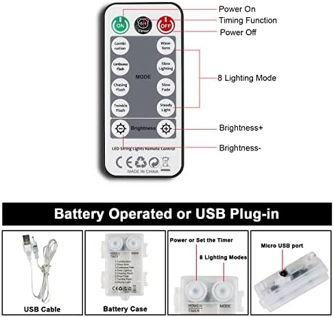 Бели гирлянди за пердета, свързване чрез USB /захранван от батерии, 200 led гирлянди с дистанционно управление, автоматична настройка за включване/изключване и 8 Режима