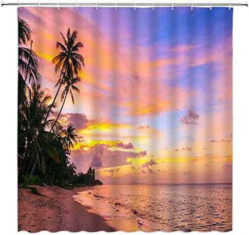 CCXTCZ Завеса за Душ Sunset Beach Палми Тропическо Синьо Небе Морски Живот Маритим Хавайски Сцена Крайбрежен Пейзаж