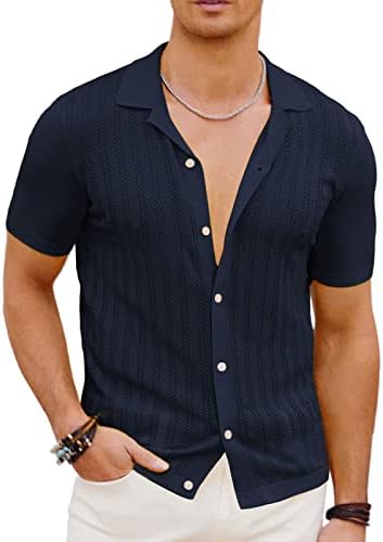 PJ PAUL JONES Мъжки Текстурирани Трикотажная Риза с Къс ръкав, Дишаща Риза с къси ръкави копчета