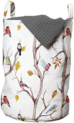 Есенна чанта за дрехи Ambesonne, Акварелни птица на дървото с Жълти листа В Есенния сезон, Кошница за дрехи с дръжки,