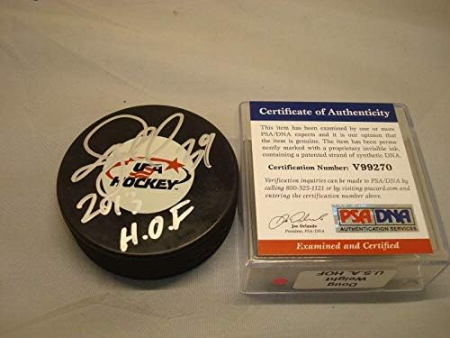 Дъг Тегло подписа Хокей шайба на националния отбор на САЩ с Автограф на PSA / DNA COA 1A - за Миене на НХЛ с автограф