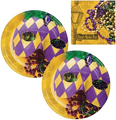 Набор от тематични партита на Mardi Gras | В комплектът включва Хартиени Десертни чинии и Салфетки за 16 лица | Маски в стил
