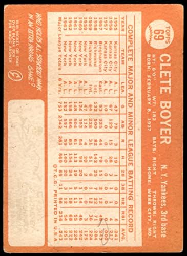1964 Topps 69 Клит Бойер Ню Йорк Янкис (бейзболна картичка) ДОБРИ Янкис