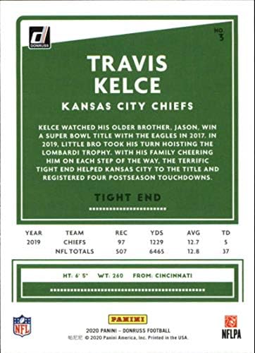 2020 Donruss 3 Травис Келс Футболна карта NFL Канзас Сити Шефове NM-MT
