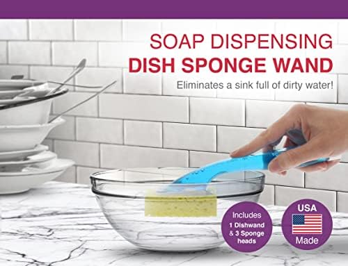 Гъба за миене на съдове Arrow с дръжка за дозиране на сапун и 2 сменяеми пари - Приложение за бързо и удобно почистване - Произведено в САЩ - Лесно да се зарежда, вграден ?