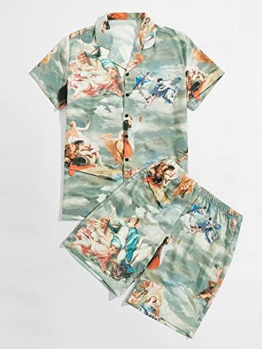 FDSUFDY Облекло от две части за мъже, Мъжка Риза с принтом на маслената живопис и Шорти (Цвят: многоцветен, Размер: