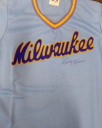 Милуоки Брюэрз Харви Куэнн с автограф на Синята тениска (петно) на PSA / ДНК V11068 - Тениски MLB с автограф