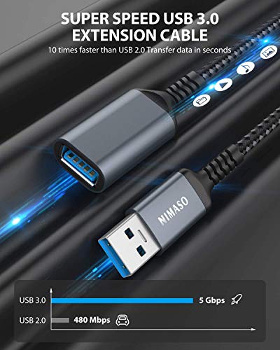 2 Комплекта Удлинительного кабел USB 3.0 дължина 3,3 фута + 6,6 фута, удължител NIMASO USB A от мъжа към жената Здрав Материал