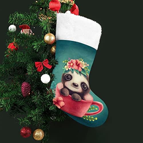 Сладък Ленивец в Чашата, Червени Коледни Празници Чорапи, Украса за Дома, Коледна Елха, Висящи Чорапи за Камината