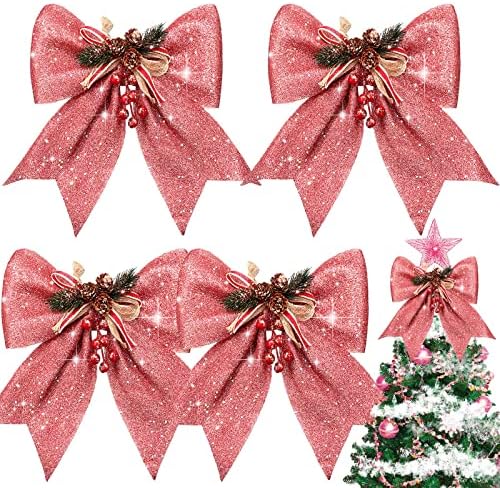4 Бр. Коледни Панделки за Венец, Розово Коледен Венец, Панделки за входната врата, Блестящи Украшения във формата на banta,