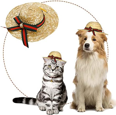 Шарени Тканая шапка с колан за домашни любимци, Ракита Сламена шапка за домашни любимци, облекло за кучета и котки, е подходяща