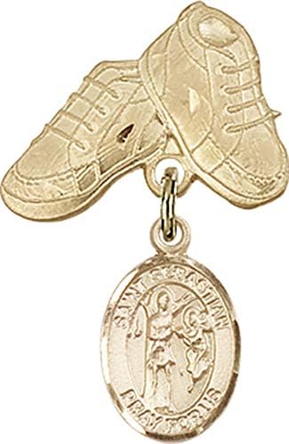 Детски икона Jewels Мания чар на Св. Себастиан и игла за детски сапожек | Детски икона от 14-каратово злато с чар на Св. Себастиан