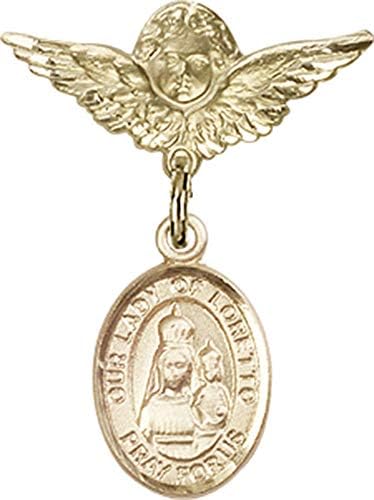 Детски икона Jewels Мания с чар Богородица на Loretto и знака Ангел с крила на булавке | Детски икона от 14-каратово злато
