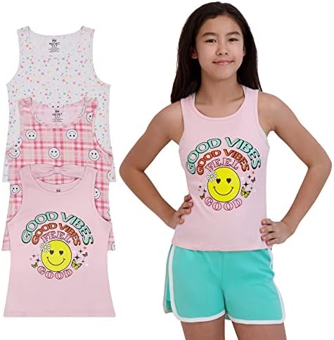 Върховете на бретелях за момичета - Памучен риза Без ръкави, с принтом - 3 опаковки-За малки и Големи момичета от 4 години -Младежки Летни тениски с изображение