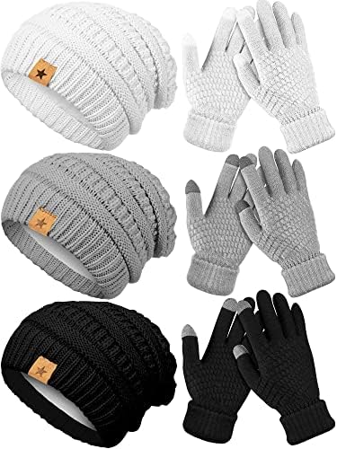 Комплект от 6 зимни Шапки и Ръкавици, 3 Зимни Трикотажни шапки и 3 Чифта Топли Ръкавици за сензорен екран за жени и