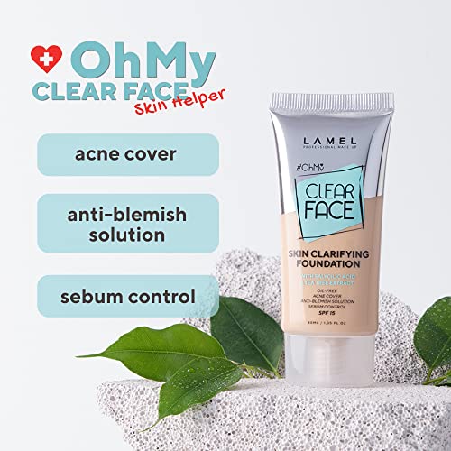 Тонален крем LAMEL OhMy Clear Face Full Coverage Foundation - За пълно покриване на кожата от акне - С усилване на SPF, салицилова киселина и екстракт от чаено дърво - Овлажнява и перфектно
