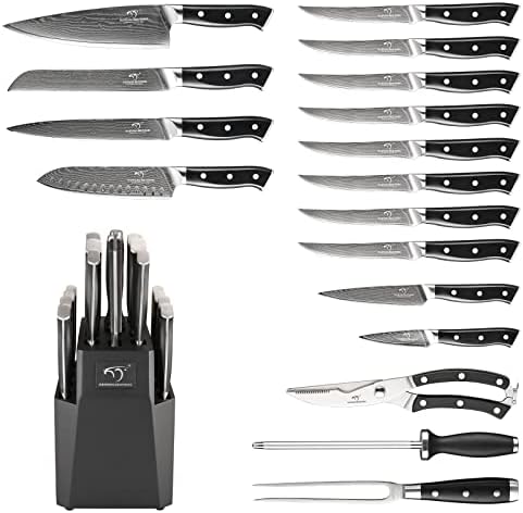 Набор от ножове NANFANG BROTHERS, Определени Дамасских кухненски Ножове от 18 теми с Блок, Ергономична дръжка от ABS-пластмаса