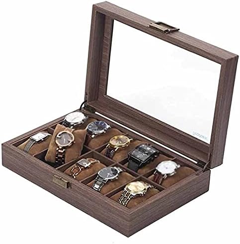 UXZDX За съхранение часа /Калъф за часа / Кутия за часовници От изкуствена кожа с шкурка на дърво и истинско стъкло с 10 Мрежи за 10 часа