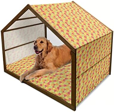 Дървена Къщичка за кучета Ambesonne с цветен Модел, Ярко-Розови Цветя Лилав цвят с Листа, Акварельное Изображение с Пъпки,