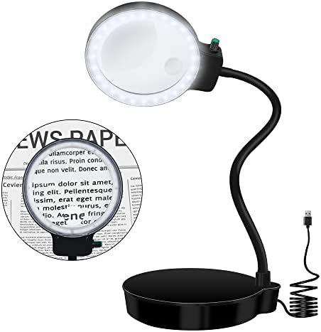 Светодиодна настолна лампа JUOIFIP с вградени обективи с двойно увеличение (10X и 20X), захранван от USB, гъвкава гъши врата, идеална за бродерия, четене и точна работа