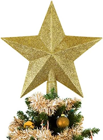 Amosfun 8 Инча Коледно Дърво Звезден Topper Златна Коледна Звезда Коледа Topper Блестящи Коледни Топперы Звездното Бижу на Върха на Дървото за Коледно украшение за Дома