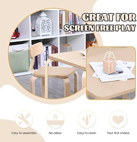 LERIYOU Детски Дървен Кв. маса и 2 стола, Комплект мебели за деца Е идеален за практикуване на декоративно-приложен изкуство, лека закуска (Естествено)