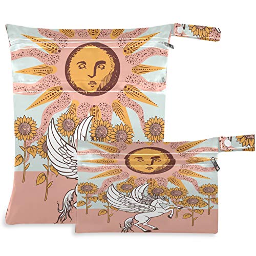 visesunny Sun Sunflower White Pegasus 2 бр. Мокри чанта с джобове с цип, Моющаяся, Множество, Голям за Пътуване, плаж,