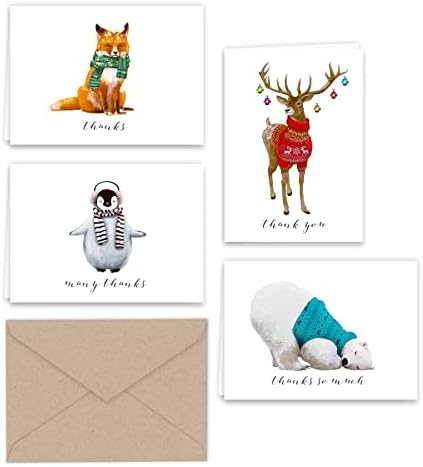Хартиени Картички с благодарственными бележки Зимни животни Лудост и крафт пликове 24 опаковки