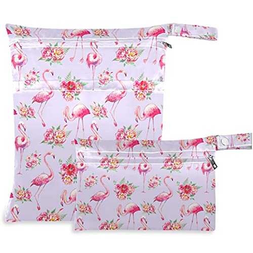 visesunny Flamingo Rose, 2 бр., Влажна чанта с Джобове с цип, Моющаяся Множество Голям Чанта за Памперси за Пътуване, Плажа,
