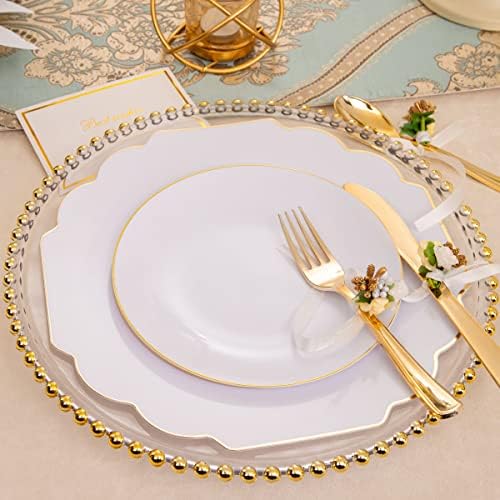 Отлична 150шт Златна Пластмасови прибори включва Бели и златни Пластмасови чинии с квадратни плочи, Златни Кръгли Бели Пластмасови чинии, Златни Пластмасови прибор