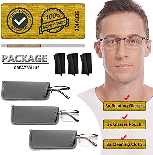HOTJOJO 3 опаковки Очила за четене за мъже, блокиране на Синя светлина, компютърни Ридеры без рамки, с Правоъгълна метална дограма, увеличителни очила (в 3 цвята, + 1,25 уве?