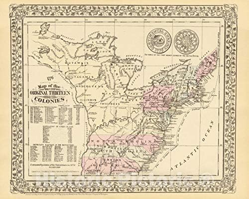 Историческа карта - Карта първоначални Тринадесетте колонии, 1879, Самуел Augustus Мичъл-младши, v1 52 инча x 44 инча