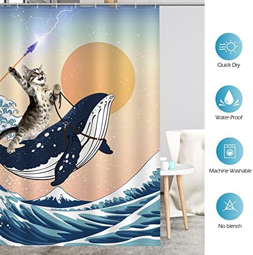 Aimego Забавно Завеса за душ Смел Котка, Държи Стрела-Тризъбец, Подскачаща на Акулата в Океанска Вълна, Комплект Завеса