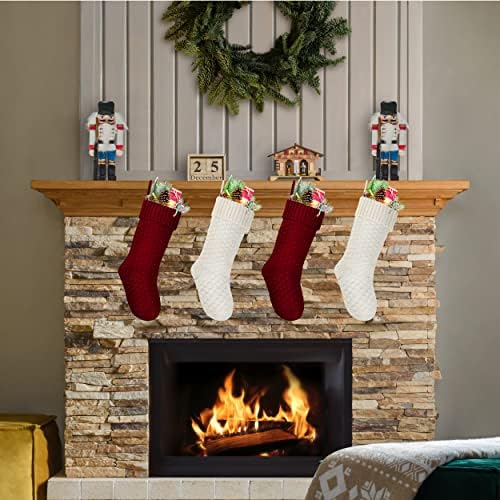 Коледни Чорапи Kunyida 18 инча цветове Слонова кост и Сиво Въже, Реколта Възли Коледни Чорапи за Семейна Коледна украса,