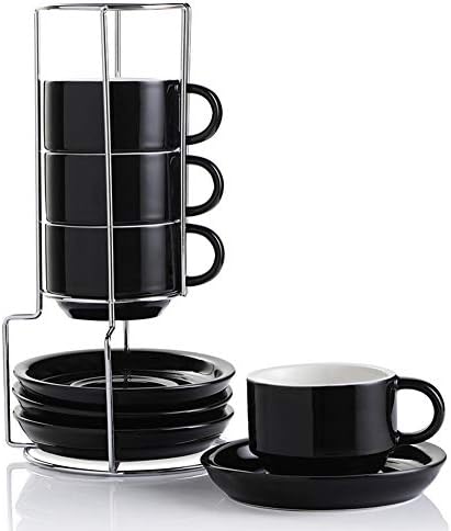 Порцеланови чаши за еспресо SWEEJAR с чинии, Штабелируемые чаша за капучино с обем 4 Грама с Метална поставка за Кафе
