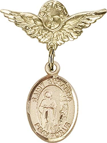 Детски икона Jewels Мания за талисман на Света Сузана и пин Ангел с крила | Детски икона от 14-каратово злато с талисман Свети