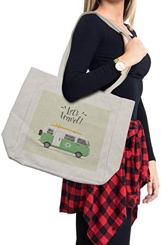 Чанта за пазаруване Ambesonne Camper, Надпис Lets Пътуване с винтажной дъска за сърф в стил хипи и цветен мотив, Дългогодишна чанта за Еднократна употреба за продукти, плажа ?