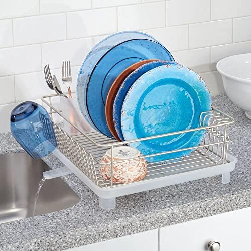 mDesign Голям Кухненски Плот от метална тел, Поставка За сушене на чинии в мивката - Подвижна Пластмасова Тава за прибори